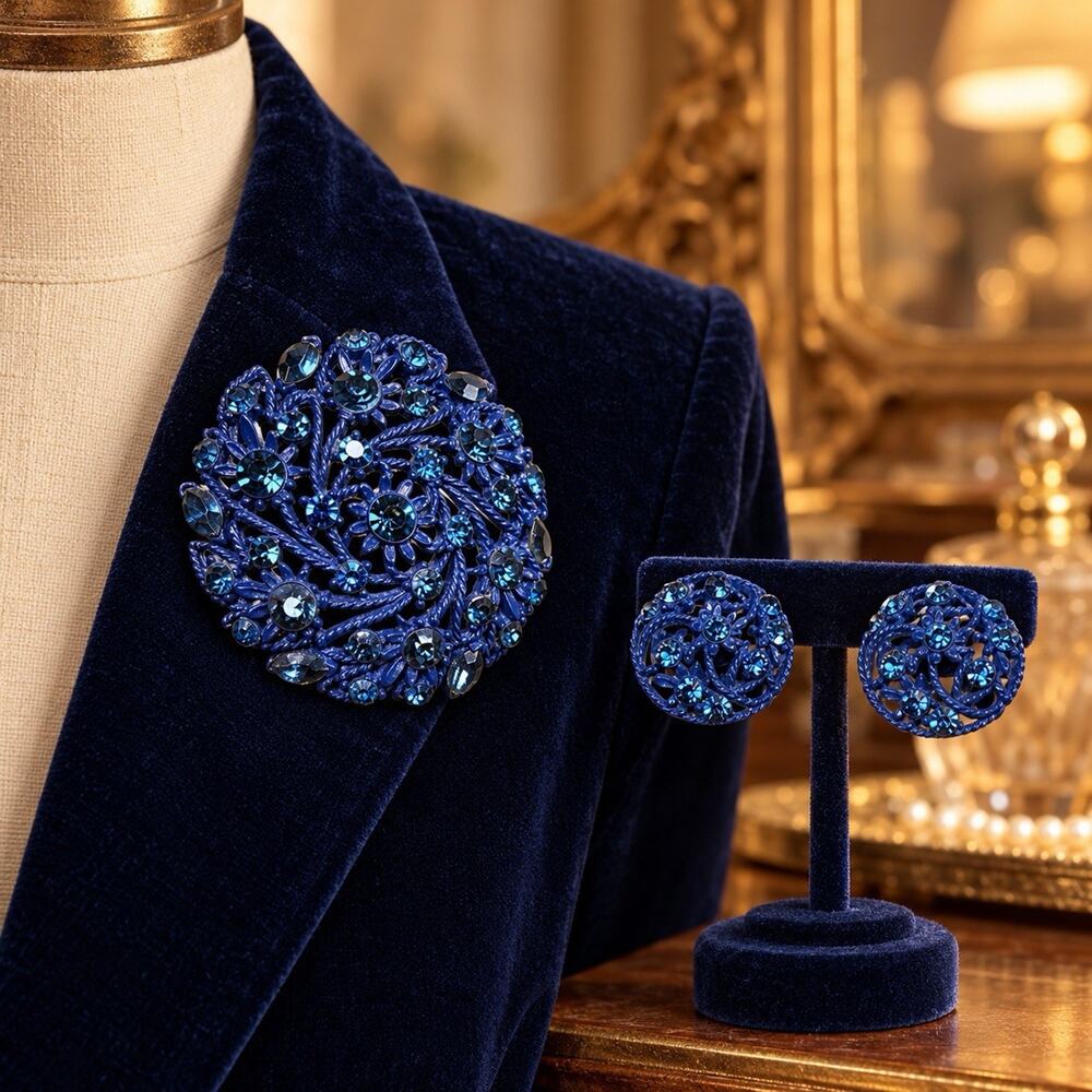 Vintage Blue Rhinestone Floral Brooch & Clip On Earrings Set Openwork
